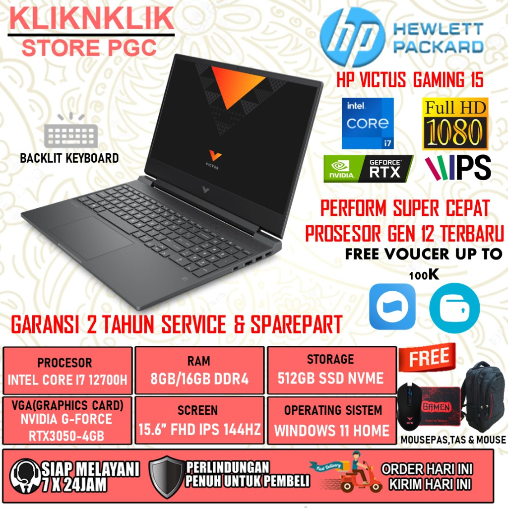 LAPTOP HP VICTUS GAMING 15 INTEL CORE I7 12700H RAM 16GB 512GB SSD FHD 144Hz RTX3050 4GB WINDOWS 11 HOME