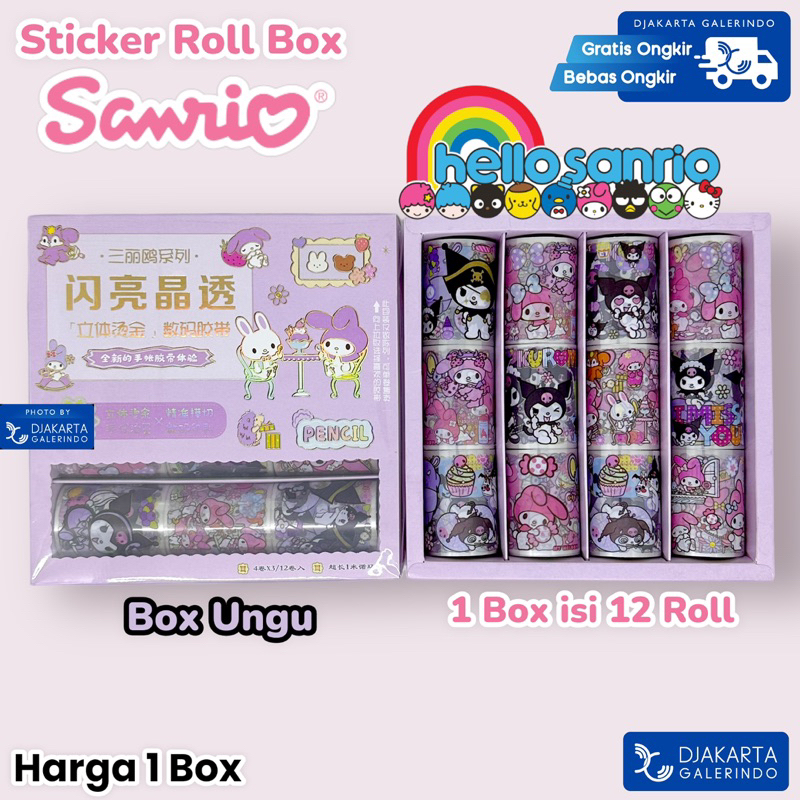 Sticker Roll Box isi 12 Roll Stiker Set BoxSanrio Hello Kitty My Melody Cinnamoroll Premium Original