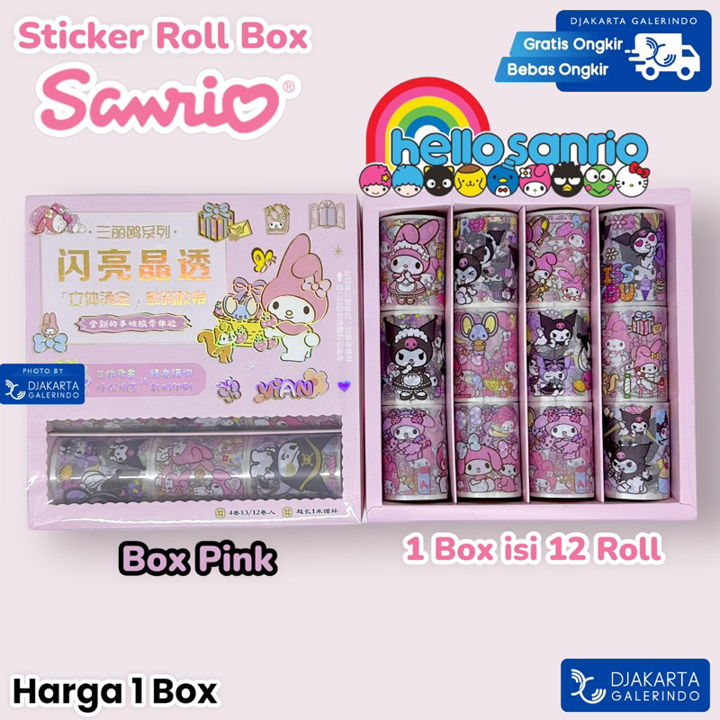 Sticker Roll Box isi 12 Roll Stiker Set BoxSanrio Hello Kitty My Melody Cinnamoroll Premium Original