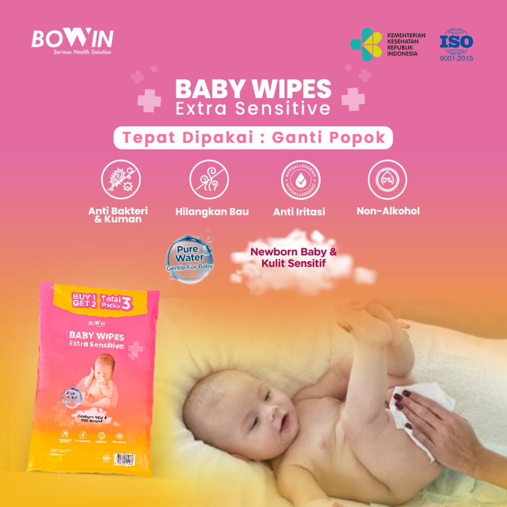 Bowin Baby Wipes Pure Water Newborn &amp; Sensitive Skin [Buy 1 Get 2 = Total 3 Packs]