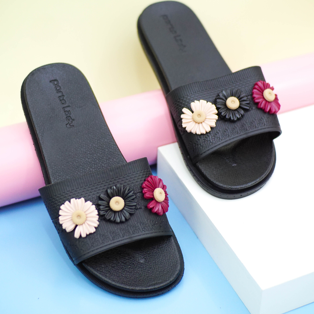 ELA-2 - Porto Leveling Sandal Wanita Selop Slip Santai Rumahan Flat Korea Cantik Motif Bunga Nyaman Empuk Porto Lady