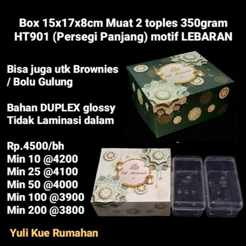 

Box 15x17x8cm ⁣Muat 2 toples 350gram HT901 NUAI 311 Motif LEBARAN