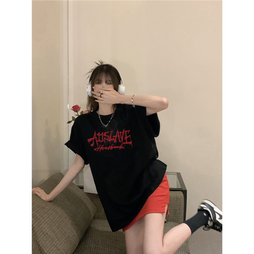 EUNII T-shirt Lengan Pendek Retro Red English Design Korean Style/Kaos Atasan Wanita/Baju Kaus Oversize Wanita/Kaos Wanita