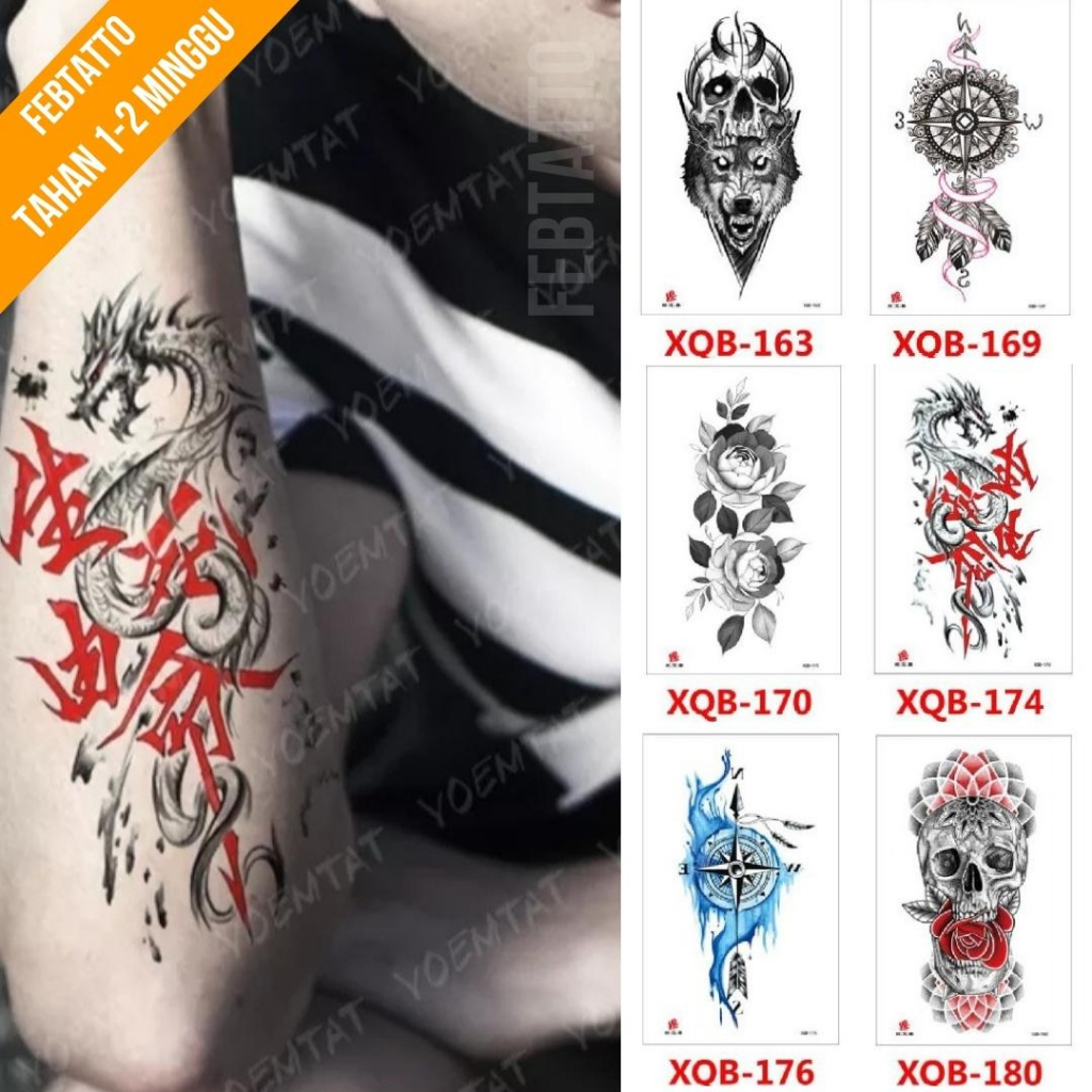 Tato Temporer Ukuran 21cmx11cm Tato Lengan Tato Dada Tato tangan Tato Kaki Tato Punggung Tato Jari  Motif Aesthetic Tatto Temporary Stiker Tato Halal Grosir Tato air motif serigala, kompas, bunga, naga, tengkorak XQB 174