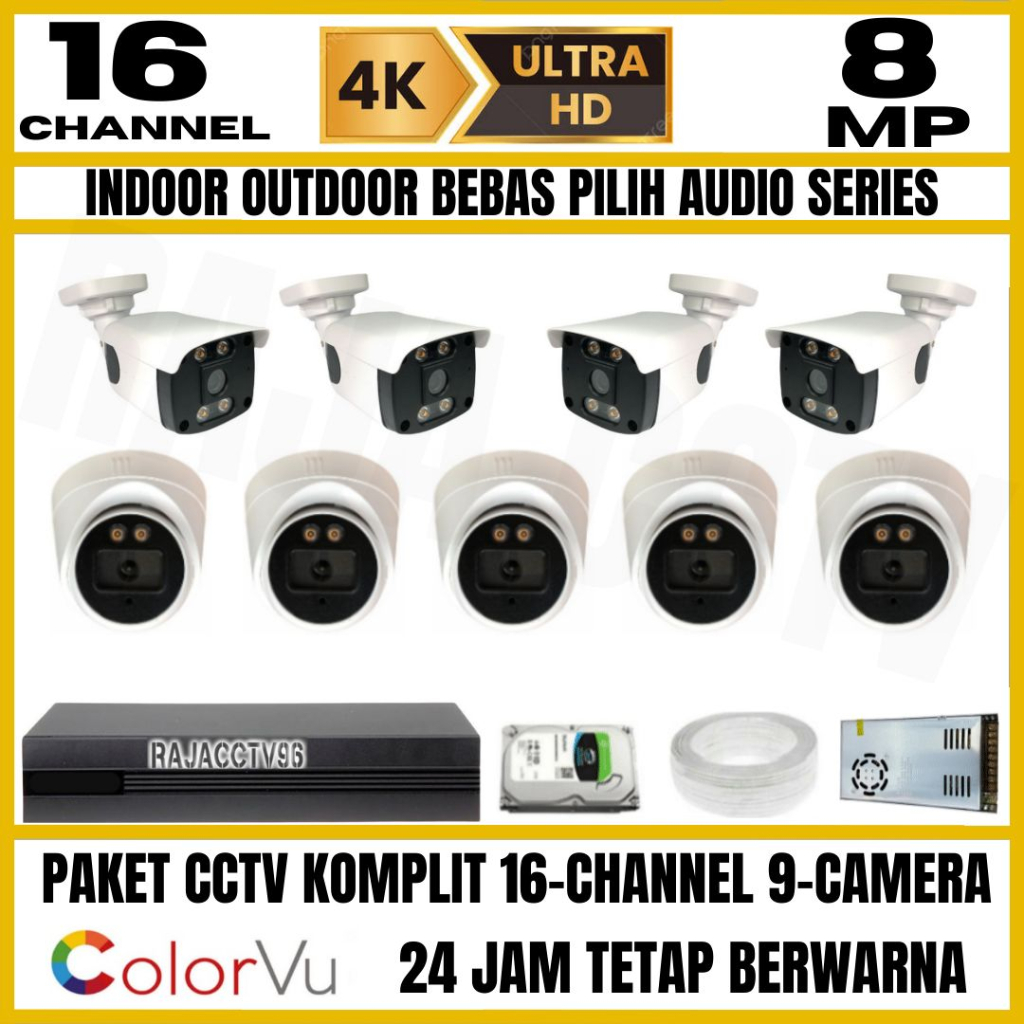 PAKET CCTV 8MP COLORVU COLORFUL 16 CHANNEL 9 KAMERA ULTRA HD 4K CAMERA AUDIO SERIES