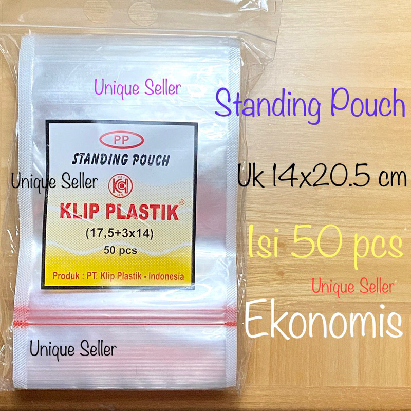 Standing Pouch PP KLIP Uk 14x20.5 cm isi 50 / Standing Pouch 14x20,5 cm / Kantong PP Standing Pouch KLIP 14x20.5cm / Standing Pouch Seal Lebar 14 x 20.5 / Kantong Plastik PP Zipper 14 x 20,5 14x20,5cm