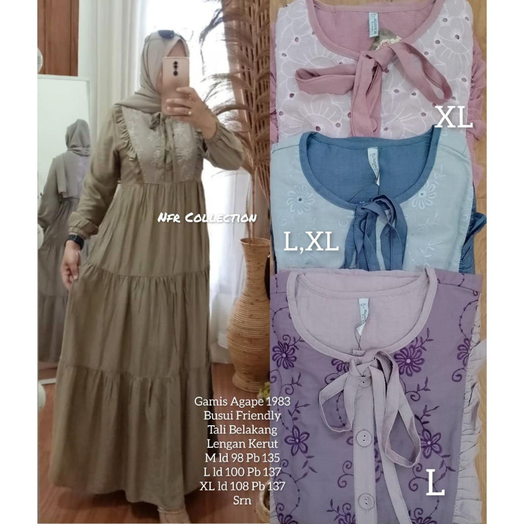 agape 1983 gamis katun polos kombinasi brukat dada busui M ld 98 L ld 100 XL ld 108 pb 137