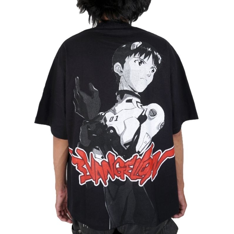 Kaos Lengan Pendek Oversize Anime Jepang Angelion Hitam