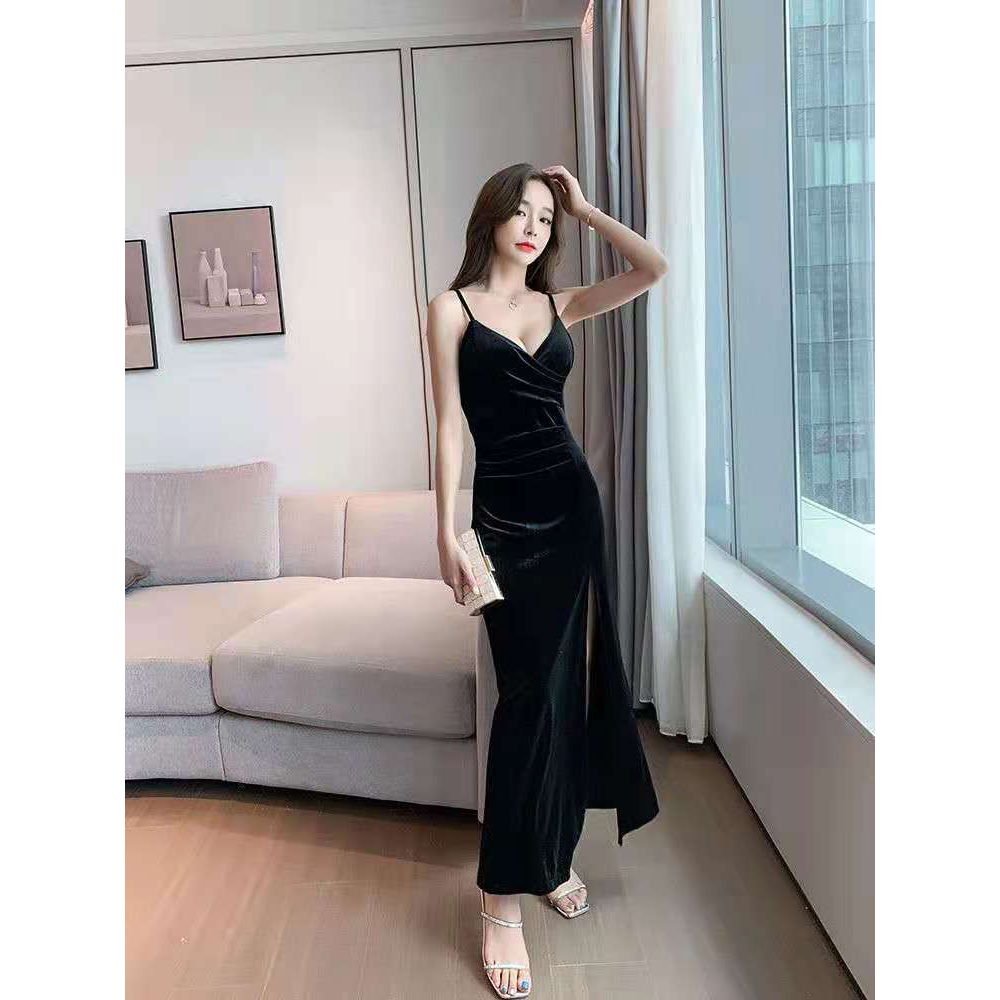 Fashion Gaun Bola Wanita Untai Beludru Senior Tinggi -lits V -neck Party Dress Wanita Seksi (paket Rahasia)