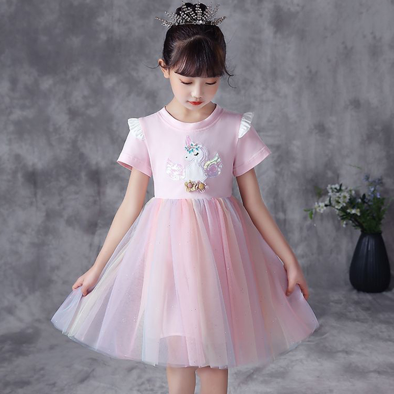 3-10 thn Gadis Unicorn Gaun Kasual Musim Panas Gaun Rainbow Mesh Cute Girl Dress Hadiah Ulang Tahun