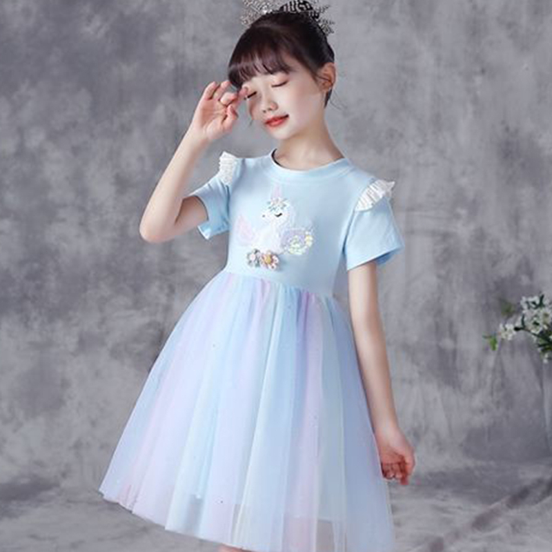 3-10 thn Gadis Unicorn Gaun Kasual Musim Panas Gaun Rainbow Mesh Cute Girl Dress Hadiah Ulang Tahun