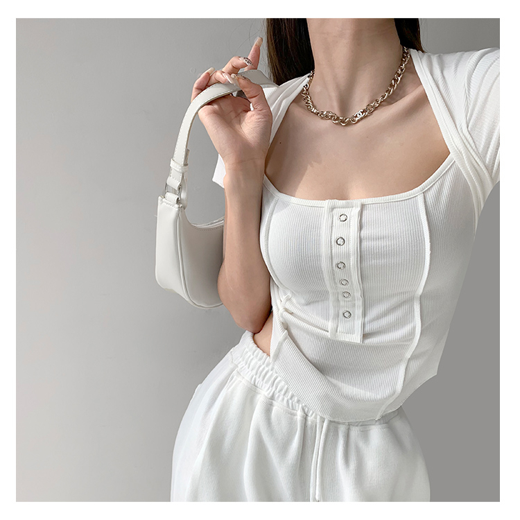 【MISSHONEY】 Square Neck Short Sleeve Button up Stretchy Crop Top 7010 S/M/L