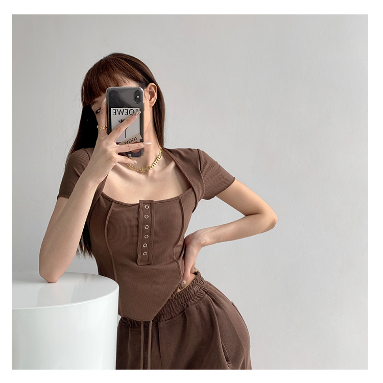 【MISSHONEY】 Square Neck Short Sleeve Button up Stretchy Crop Top 7010 S/M/L