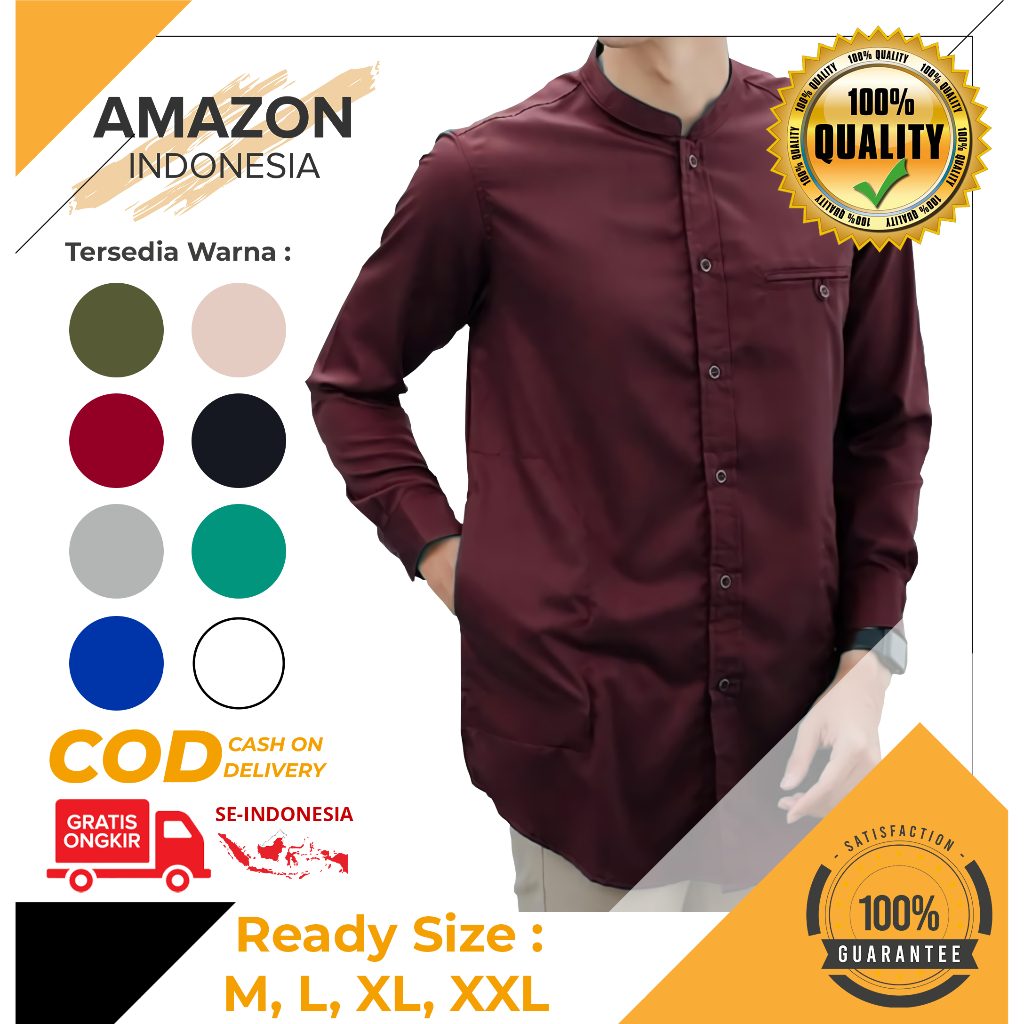 BAJU KOKO PRIA MUSLIM WARNA MAROON BAHAN TOYOBO PREMIUM LENGAN PANJANG HIGH QUALITY BAGUS MURAH IMPORT