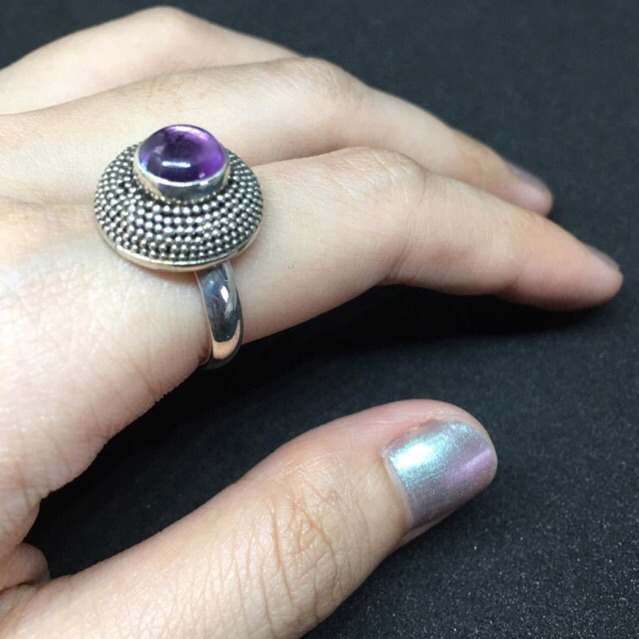 Cincin Perak Bakar Wanita 925 Asli Amethyst Bundar