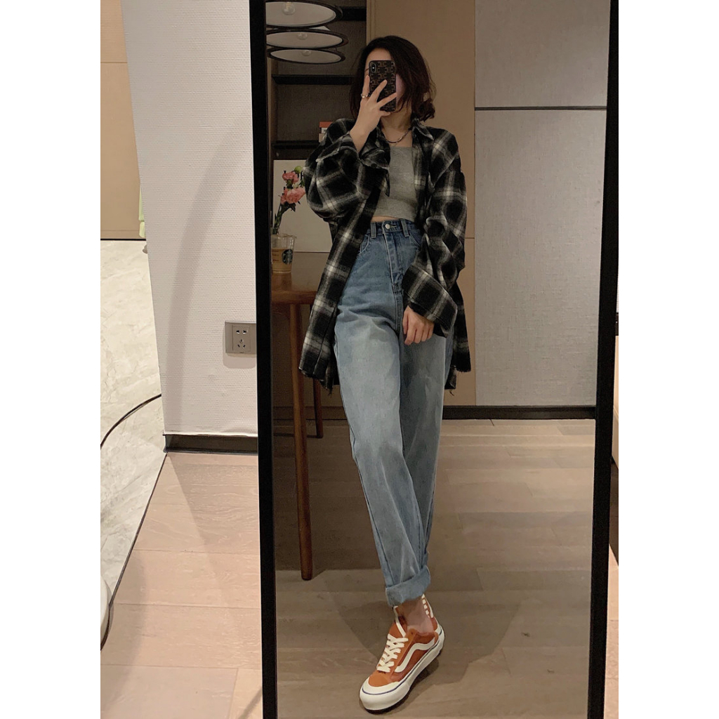 EUNII Blouse Wanita  Lengan Panjang Retro Kotak-kotak Wanita Korean Style