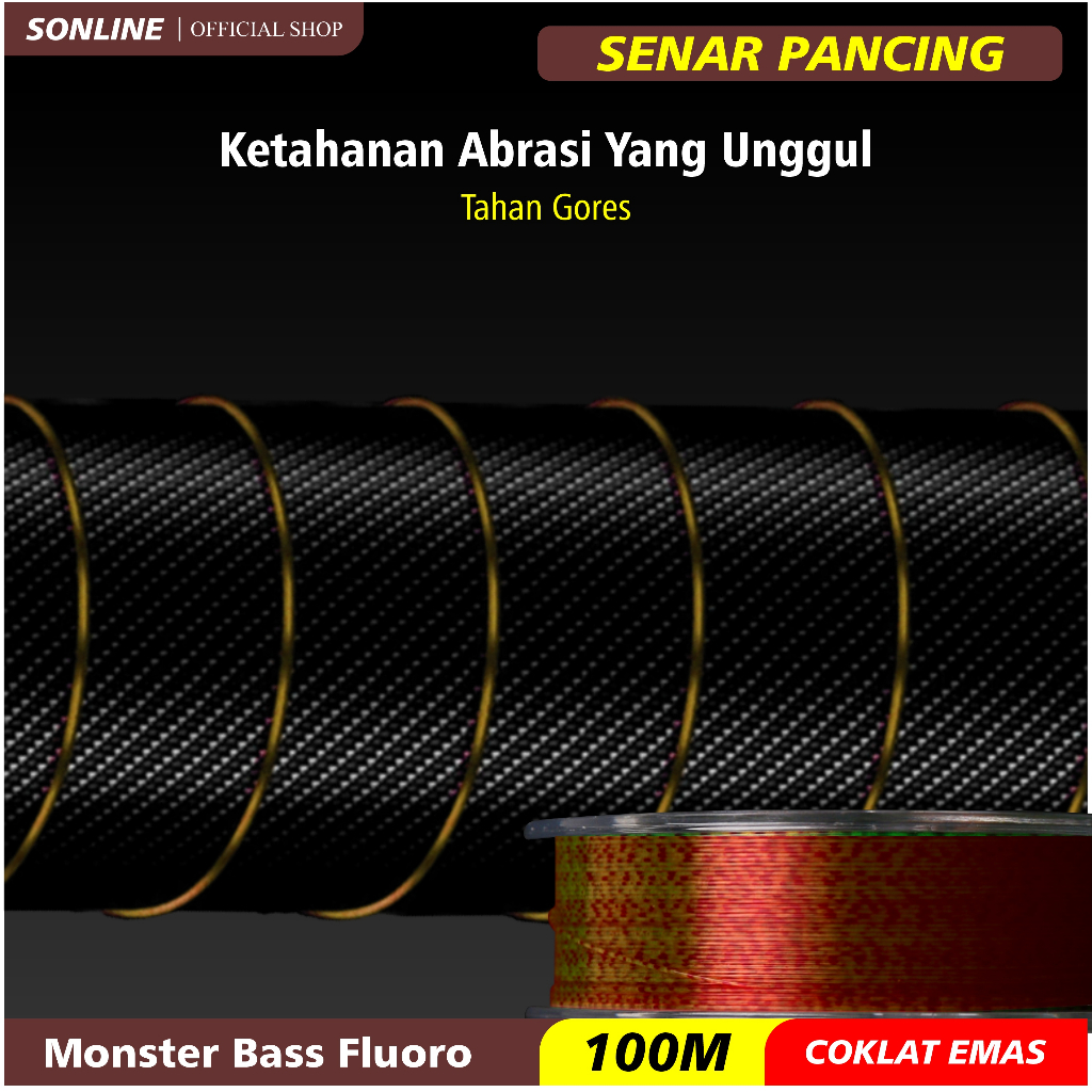 NEW GENERASI 2- SONLINE Tali Pancing  Bass FLUOROCARBON 100M Warna  Coklat Emas Senar Pancing Fishing Line Strength 4.20kg-16.5kg Sangat kuat