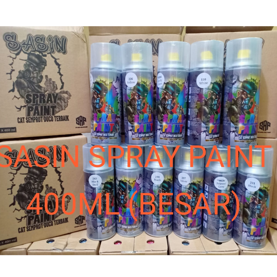 New SASIN Spray Paint Cat Semprot Duco Terbaik 400 ml Pilok Warna Putih, Clear, Hitam, Silver, Hitam Doff, Merah, Kuning, Hijau, Biru, Candy Tone, Hi-temp 400cc-BESAR