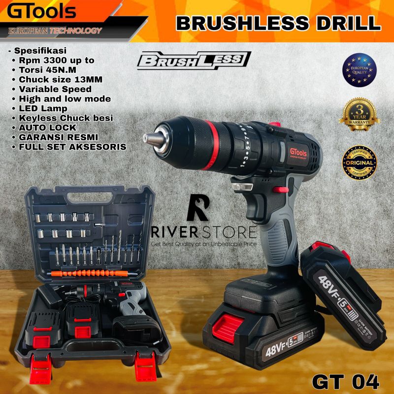 Bor Cordless GTools GT04 Brushless 48V Impact Drill 13MM Fullset Mesin Bor Beton Besi Kayu Sekrup Ko