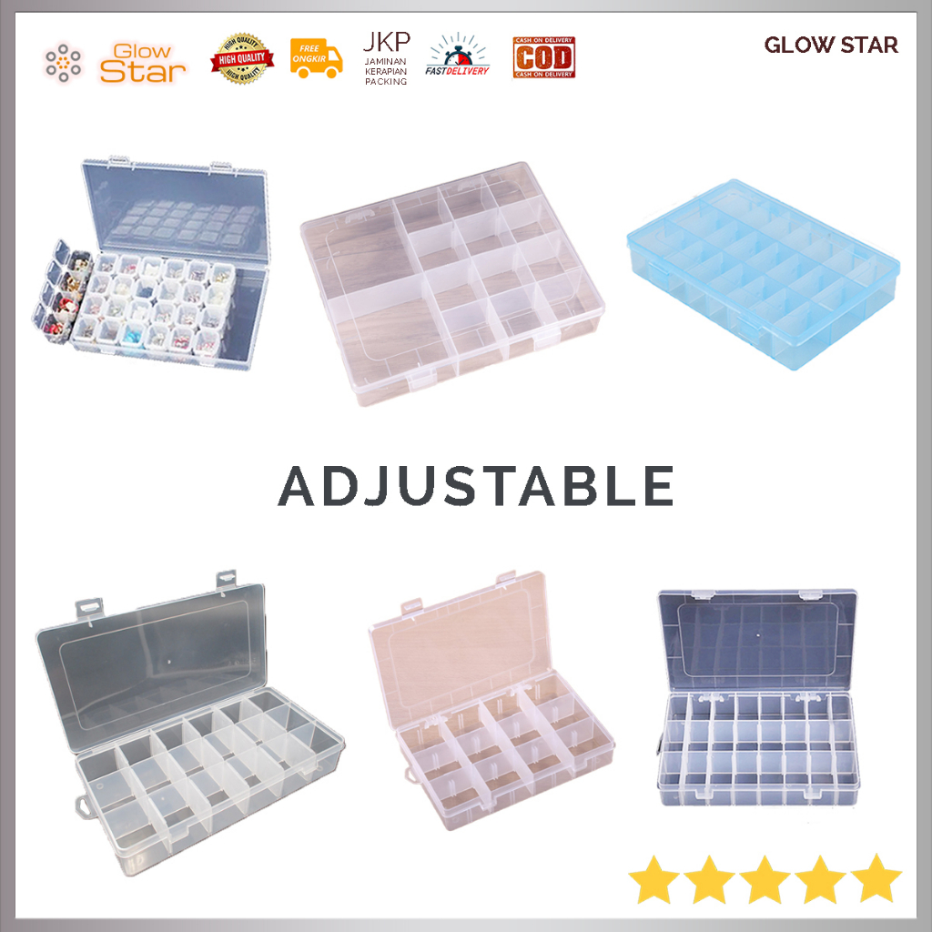 ADJUSTABLE Kotak Aksesoris Wadah Mur Manik monte cincin kail pancing Obat serbaguna Penyimpanan Perhiasan Grid Box Kecil Multi Slot Organizer 28 split 12 , 14, 18, 24 blue transparan bening putih