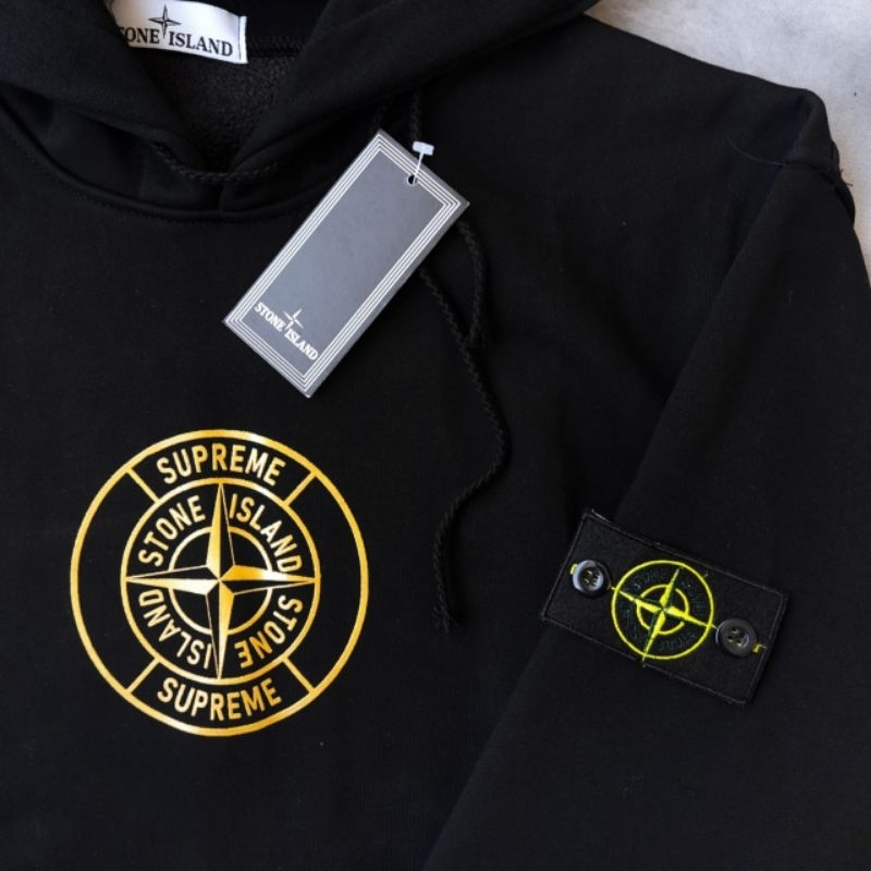 HOODIE JAKET SWEATER STONE ISLAND X SUPRRME HITAM FULLTAG