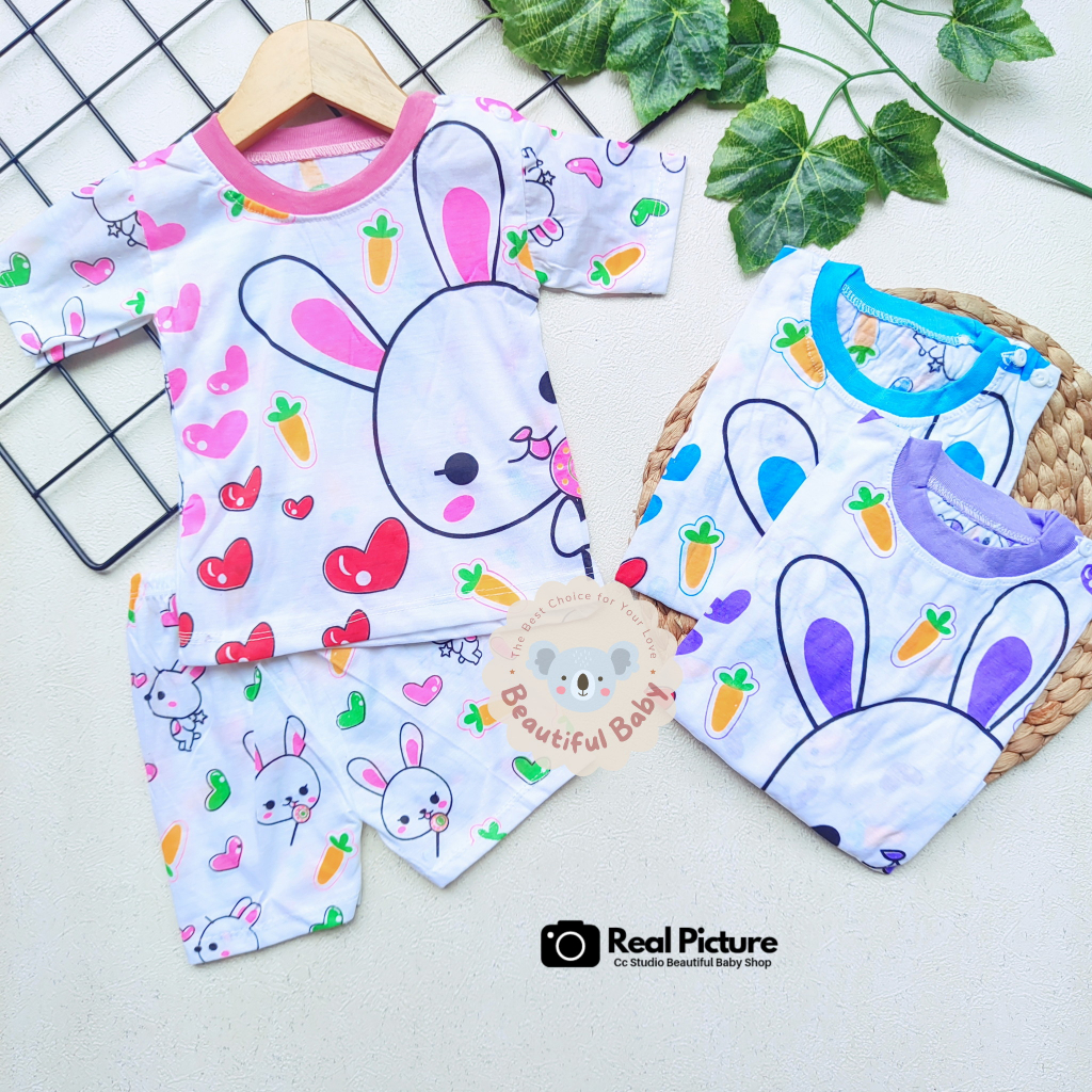 Baby.ou - Setelan Baju Bayi Lengan Pendek Celana Pendek Motif Kelinci / Setelan Harian Bayi / Kaos Oblong Bayi &amp; Anak Kancing Pundak