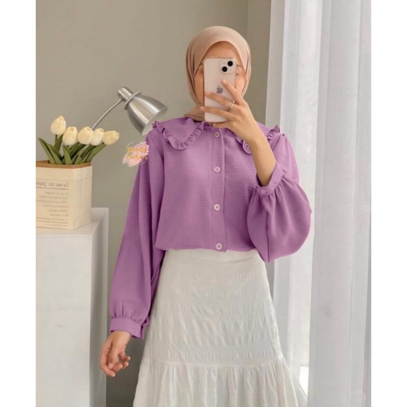 YOVIE BLOUSE KEMEJA POLOS CRINCLE AIRFLOW LENGAN PANJANG LD 110 KANCING FULL AKTIF