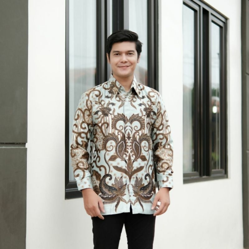 KEMEJA BATIK SEMI SUTRA SILKY HIJAU SAGE PREMIUM SUPER EMBOZS BERFURING LENGAN PANJANG m l xl xxl fashion pria exclusif