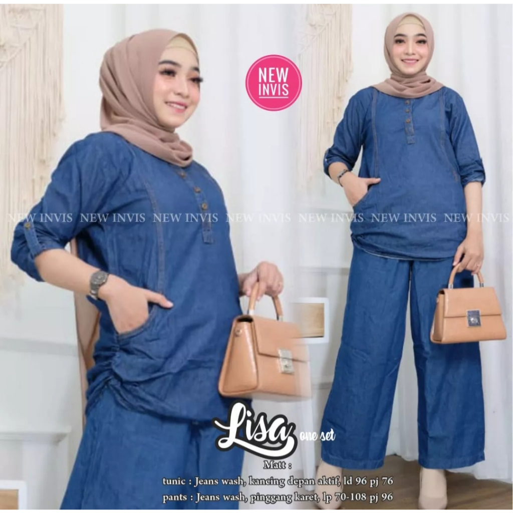 LISA ONE SET JEANS WASH WANITA - SETELAN ATASAN CELANA KULOT JEANS WANITA