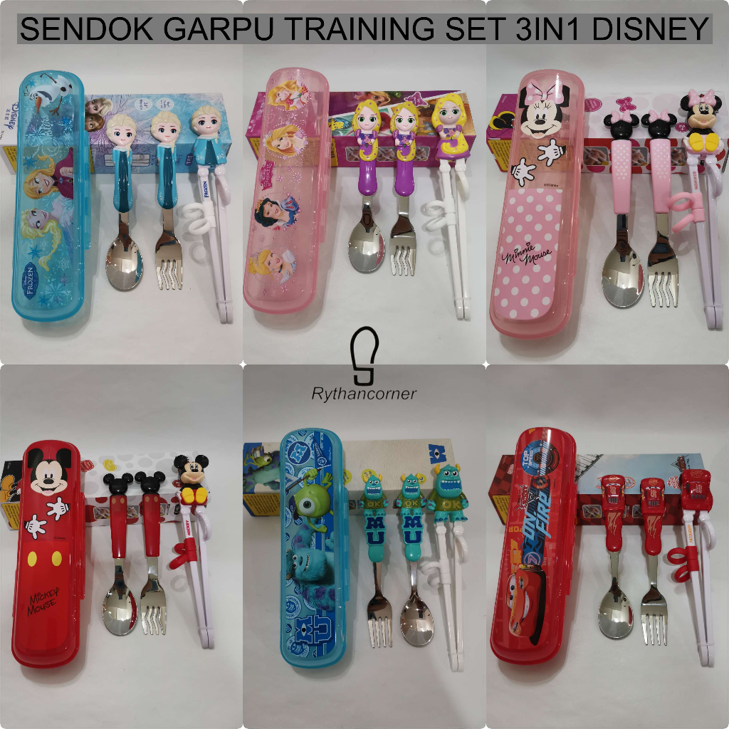 SENDOK SET DISNEY 3IN1 (SENDOK, GARPU, SUMPIT) / TRAINING CHOPSTICK SET DISNEY CARS FROZEN RAPUNZEL