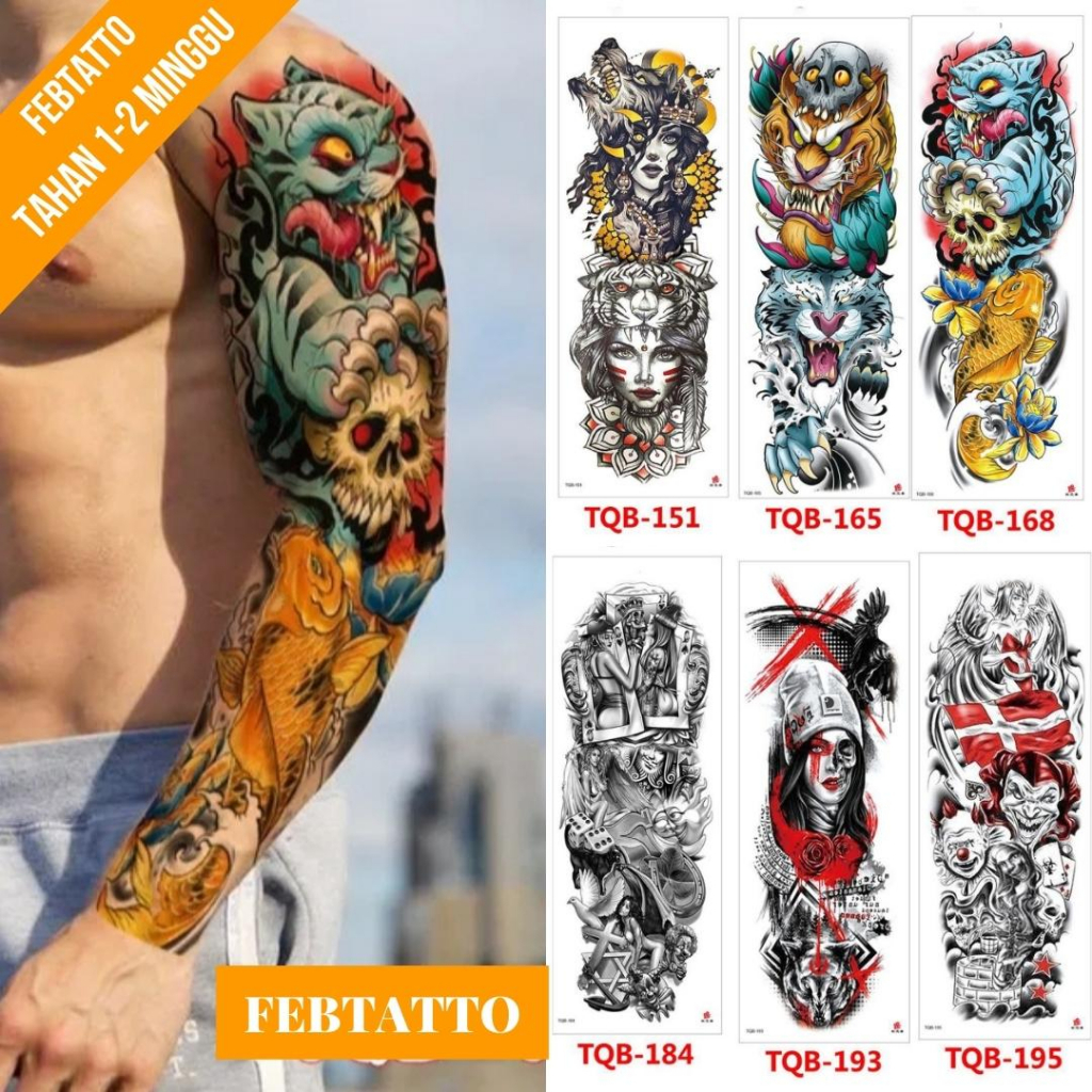 Tato Temporer Ukuran 17cmx48cm Motif Aesthetic Tatto Temporary Stiker Tato Halal Grosir Tato air motif perempuan macan, macan tengkorak, macan ikan, tengkorak, perempuan bunga, badut TQB 168