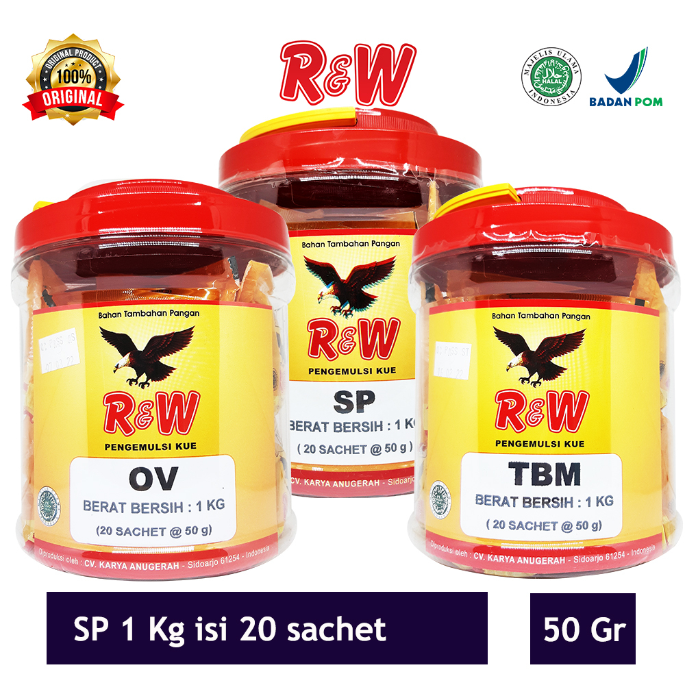 Emulsifier SP Ovalet TBM Pengemulsi Pelembut Pengembang Kue Roti Rajawali R&amp;W RW 1 Kg Toples 50 gr isi 20 sachet