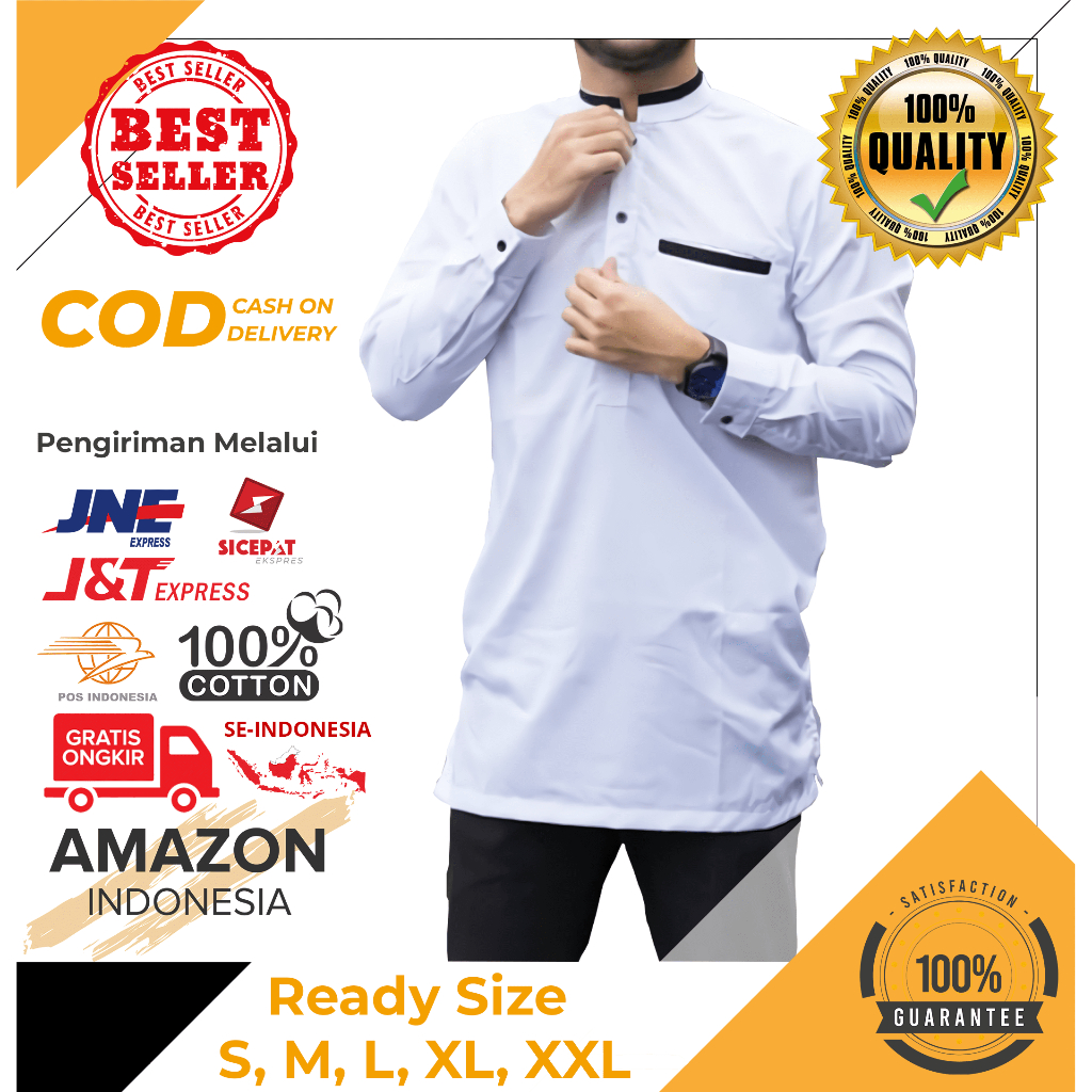 Baju Koko Kurta Dewasa Lengan Panjang Warna White Material Catton Toyobo Adem Serap Keringat