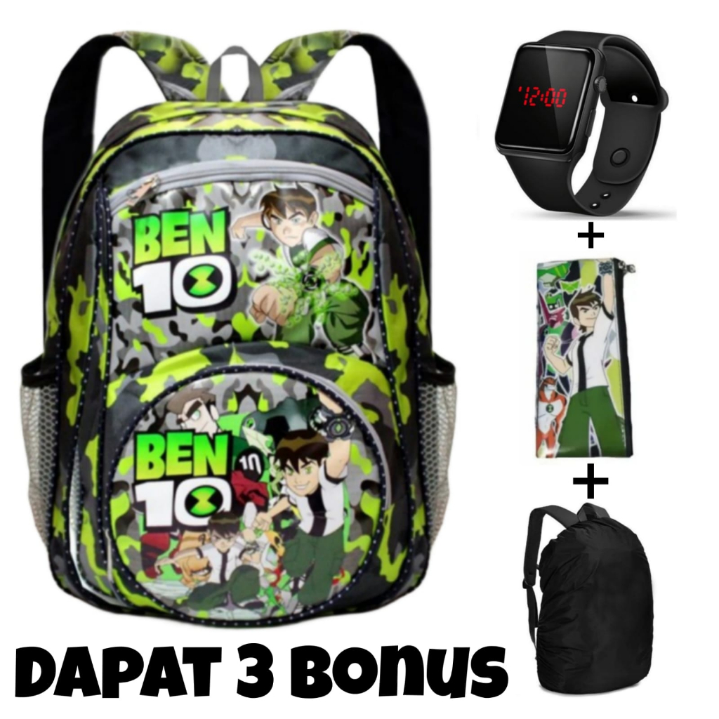 tas sekolah sd laki-laki ( bonus jam,tempat pensil dan raincover tas ) - tas ransel anak cowok - tas anak paud dan tk  ben 10