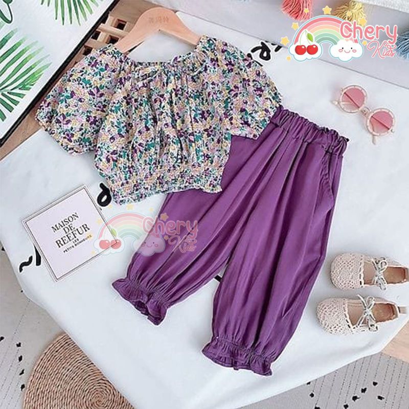 SETELAN ANAK BUNGA BLOUSE Lengan Pendek &amp; Celana Baju Anak Usia 1-5 tahun