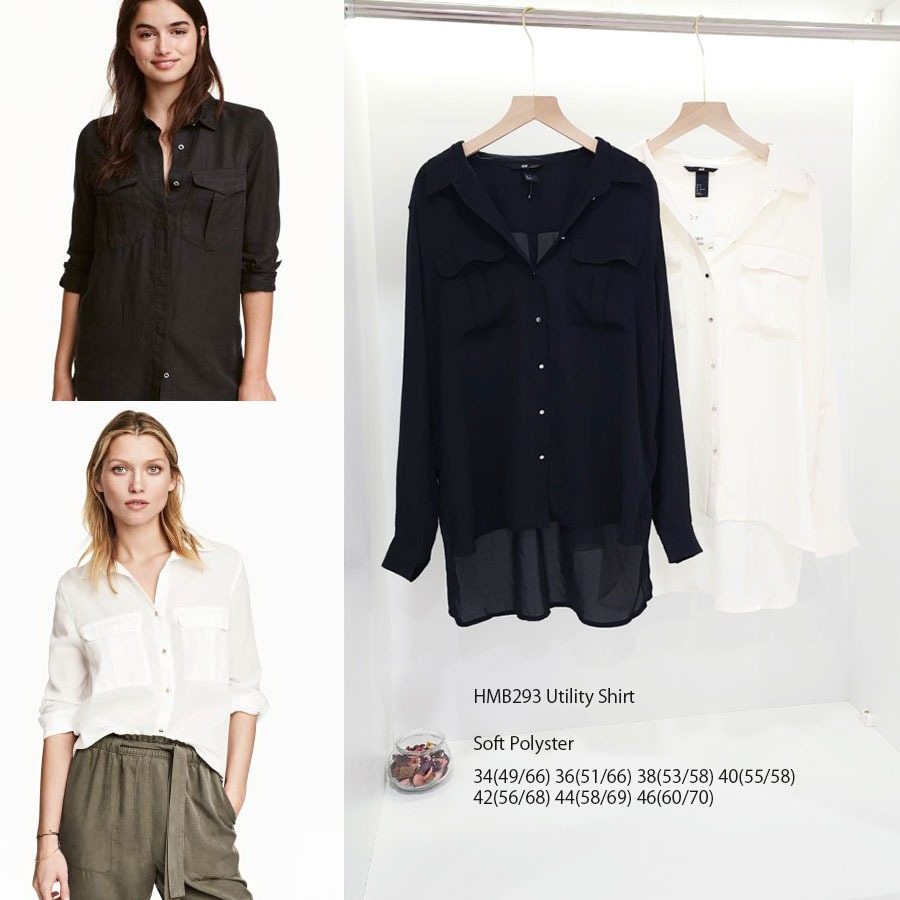 [shp] H&M 293 Utility Shirt - Baju Atasan Kemeja Hitam / Putih Polos Lengan Panjang Wanita Branded O