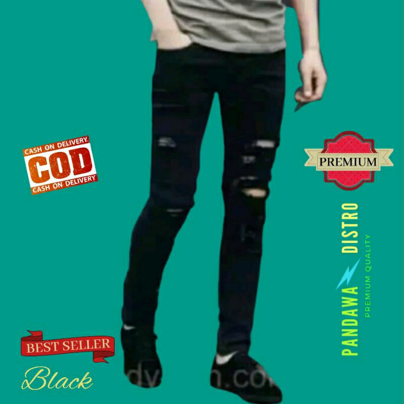 CELANA SOBEK PRIA RIPPED JEANS ROBEK SLIMFIT PENSIL SKINNY STRETCH DENIM HITAM PREMIUM 27-38