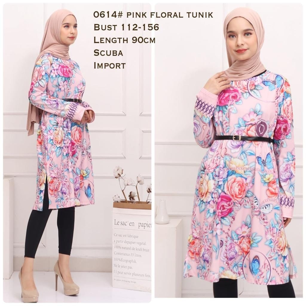 Tunik Pink Floral bahan Scuba Motif Bunga HOPYLOVY