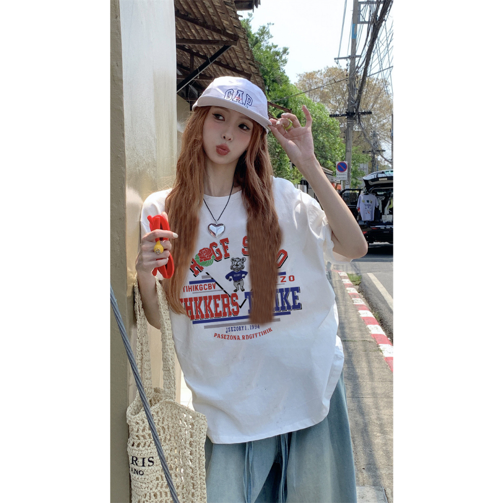 EUNII T-shirt Lengan Pendek Vintage Rabbit Korean Style/Kaos Atasan Wanita/Baju Kaus Oversize Wanita/Kaos Wanita