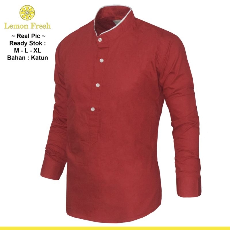 Baju Koko Merah Modern - Pakaian Atasan Lebaran ramadan lengan panjang lemon fresh