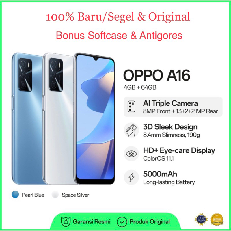 Oppo A16 Ram 4GB+64GB / 3GB+32GB Garansi Resmi