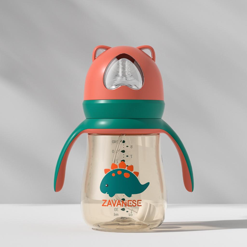 *COD* Botol Minum Bayi Zavanese 2in1& 3in 1 Dot dan Sedotan 240 & 300 ml Training Cup Karakter BPA Free-BOTOL 3IN1 ORANGE