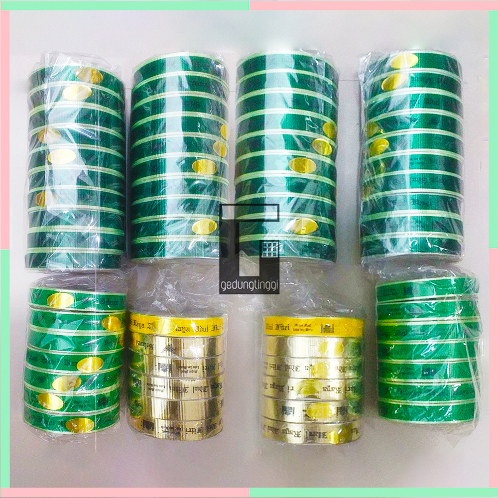 Pita Ribbon Bungkus Packaging Kado Box Kotak Tutupan Tutup Toples Kue Hampers Parcel Parsel Satin Jepang Tulisan Lebel Label Serut Lebaran Selamat Hari Raya Idul Fitri Eid Mubarak Per 1 Satu Roll Rol Hijau Green Kuning Emas Gold Silver Perak Murah