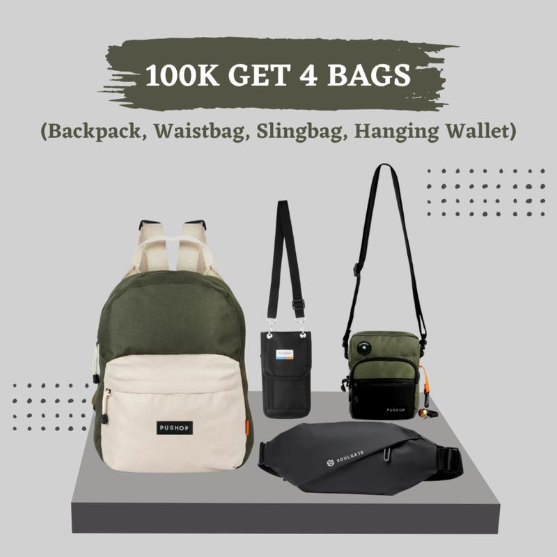 PUSHOP AUTHENTIC Special Bundling Paket 100K Get 4pcs Tas Pria Ransel, Selempang, Waistbag, Hanging Wallet PSHP100K-04