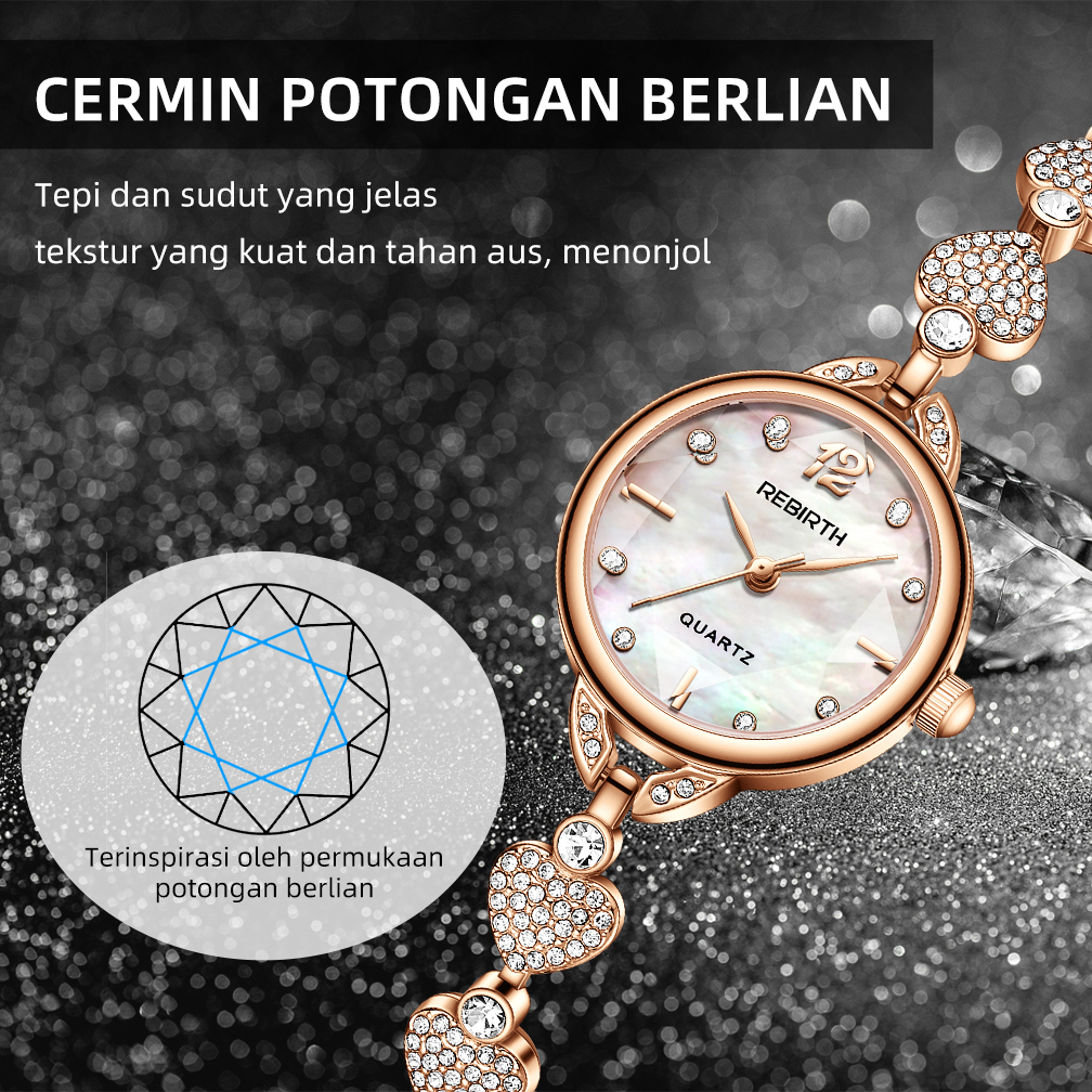 REBIRTH Jam Tangan Wanita Original Fashion Asli Gaya Elegan Skala Berlian Kuarsa Bentuk Anti Air Gelang Anti Air Jam Tangan Cewek