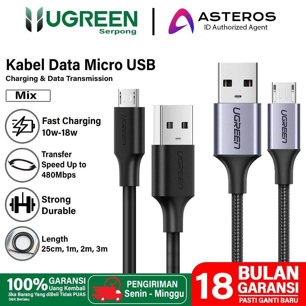 UGREEN Kabel Data Micro USB FAST Charging 18w 10w , 20Cm 1M 2M 3M Premium Nylon Braided QC3.0