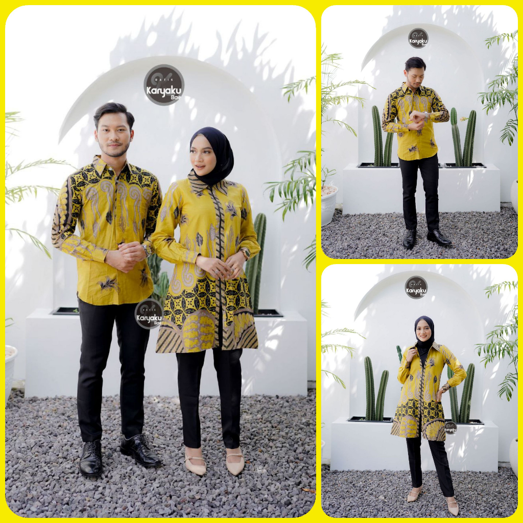 BATIK COUPLE MODERN MOTIF LARASATI KUNING LEMON KEMEJA &amp; TUNIK BATIK ZIPER RESLETING DEPAN ATASAN BATIK WANITA BATIK PRIA