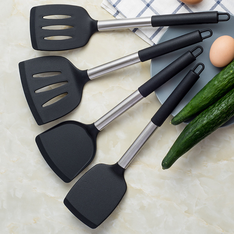 Spatula Sendok sodet Sutil penggorengan Stainless Steel Silicone Handle teflon wajan cekung goreng anti legket hitam kualitas premium tebal