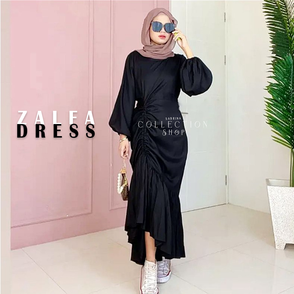 Baju Lebaran Muslim Wanita ABG Gamis Serut Zalfa Dress wanita Muslim kekinian Big Size Gamis Gamis L