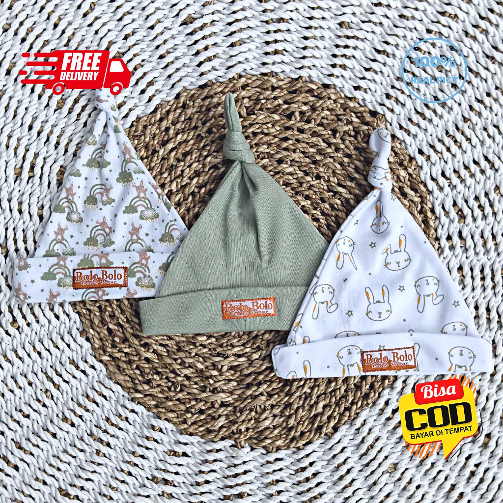 SALE 7.7 Serian Hijau - 3 Pcs Topi Kupluk Bayi Baru Lahir Topi Bayi Newborn 0 - 3 Bulan HIJAU SERIES merk SNI Bolo - Bolo